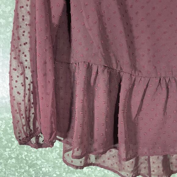 Massini NWT Women's Burgundy Boho Swiss Dot Peasant Blouse - Size Large - Sheer - Picture 3 of 7